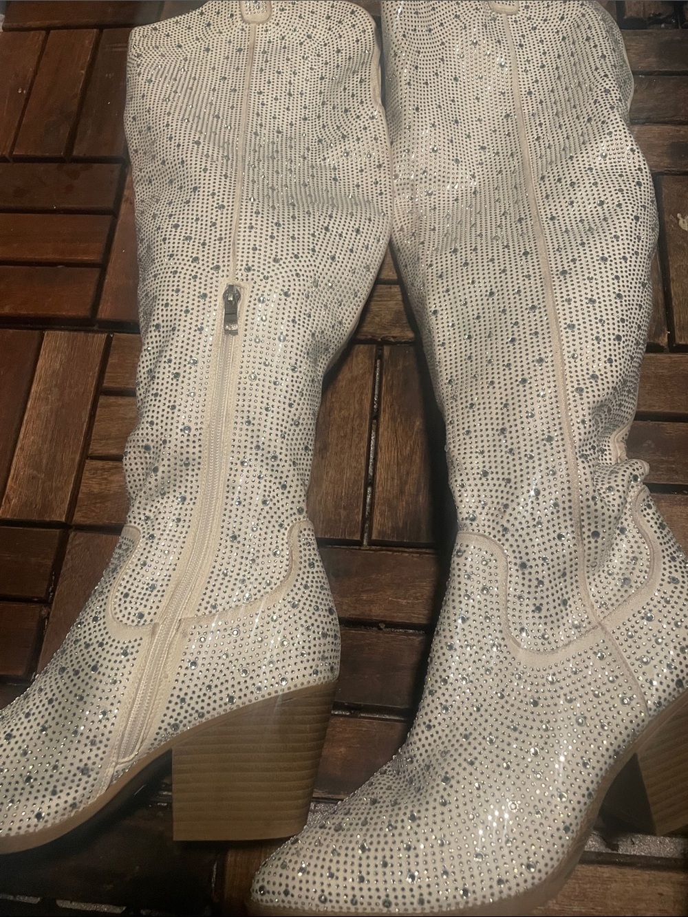 ✨ Rhinestone White Over-the-Knee Western Boots